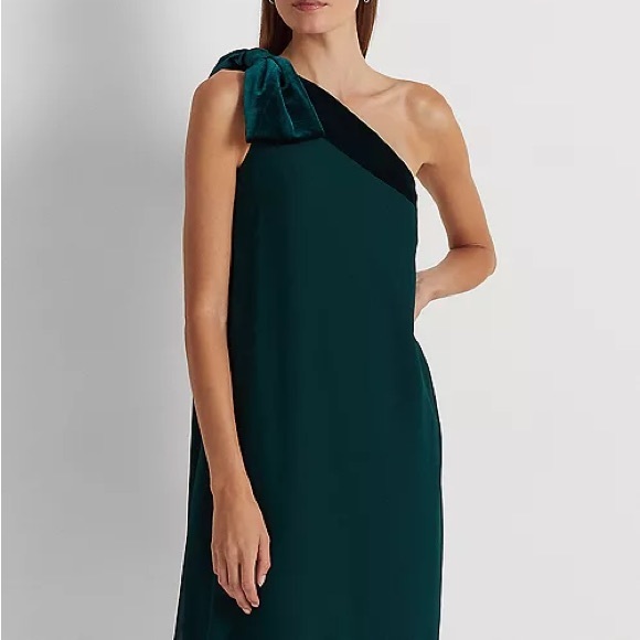 RALPH LAUREN Womens Chiffon One-Shoulder Cocktail Dress Green Chiffon Velvet NWT - Picture 4 of 10